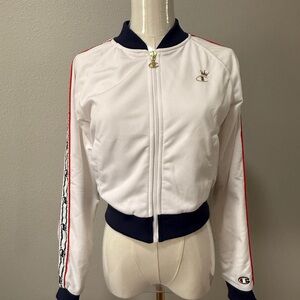 Champion White and Blue Bomber Jacket Retro Sporty Style